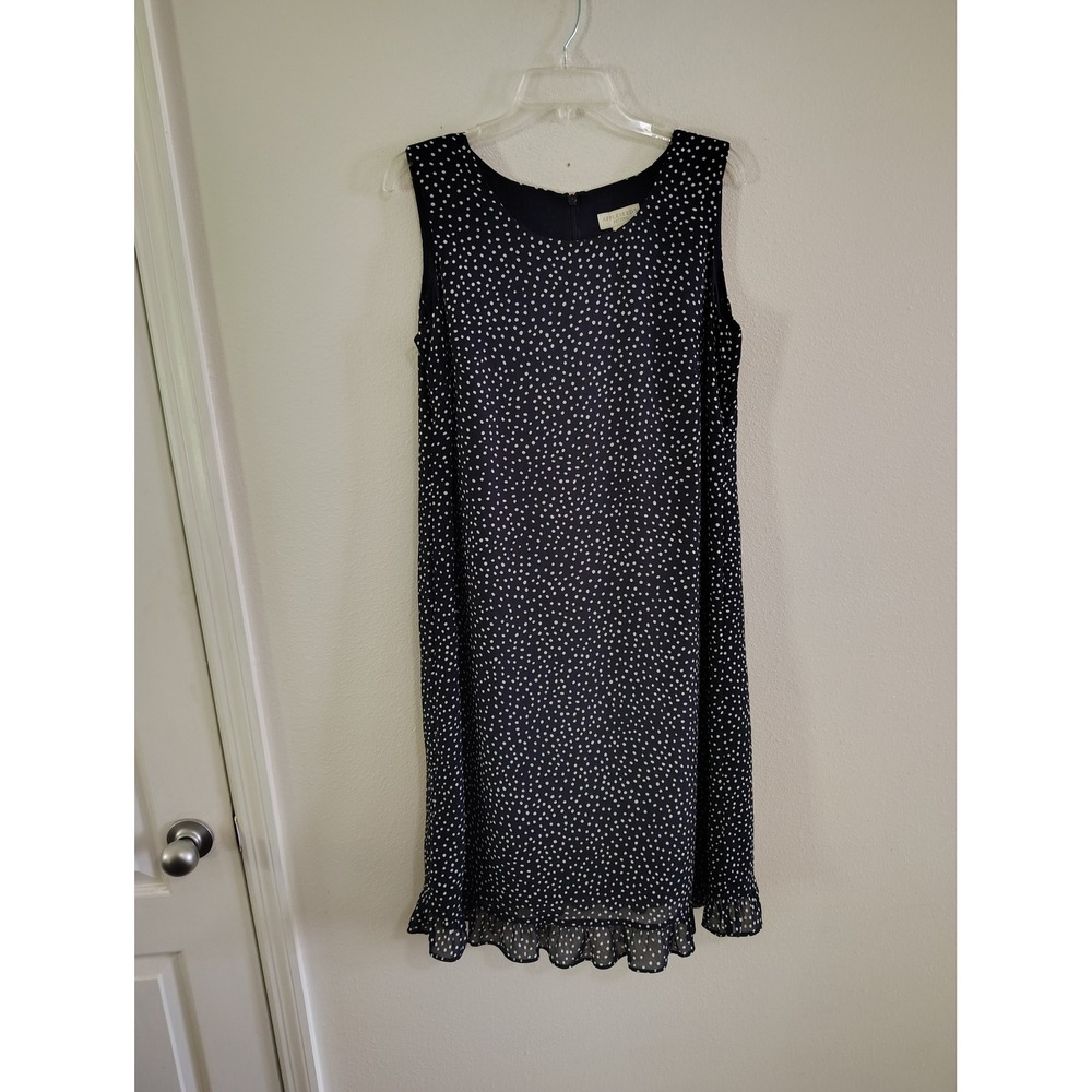 Appleseed's Petites Navy Blue White Polka Dot Ruffle Hem Shift Dress 14P